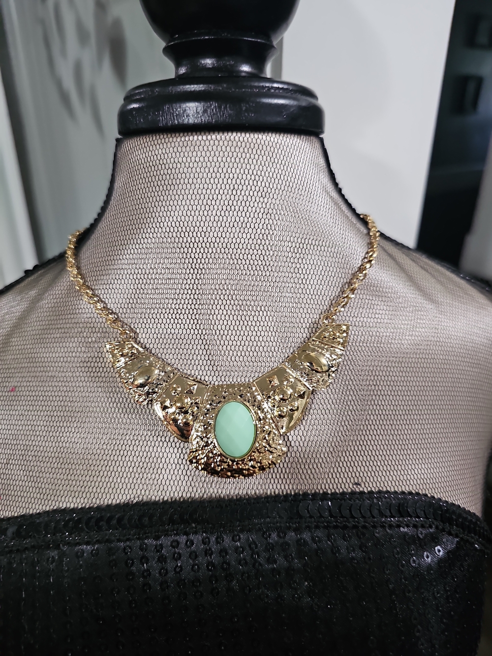 Gold Statement Necklace with Mint Green Cabochon 18 inch with extender